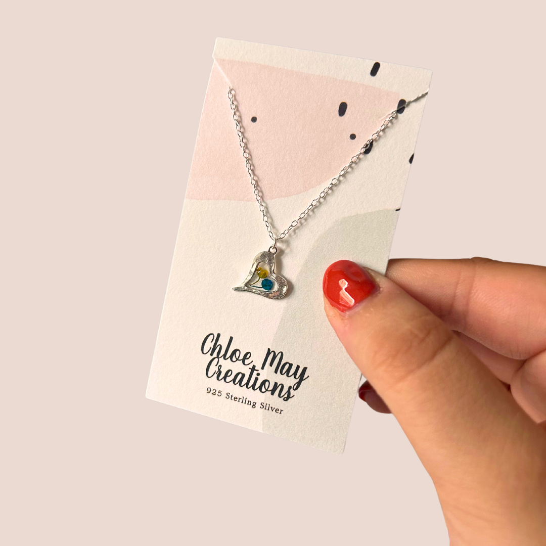Dainty Blue & Yellow Flower Hammered Heart Necklace