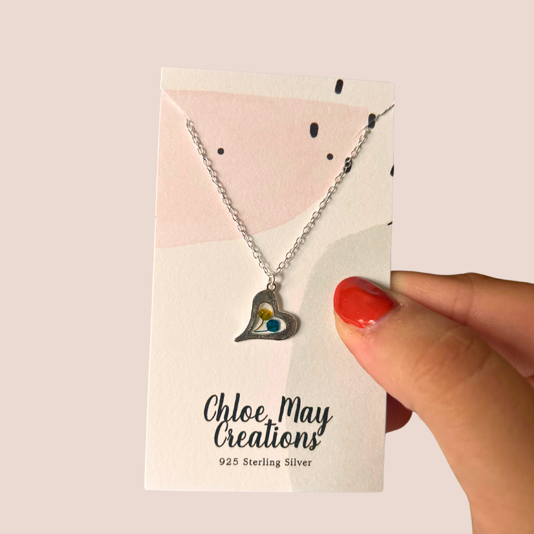 Dainty Blue & Yellow Flower Hammered Heart Necklace