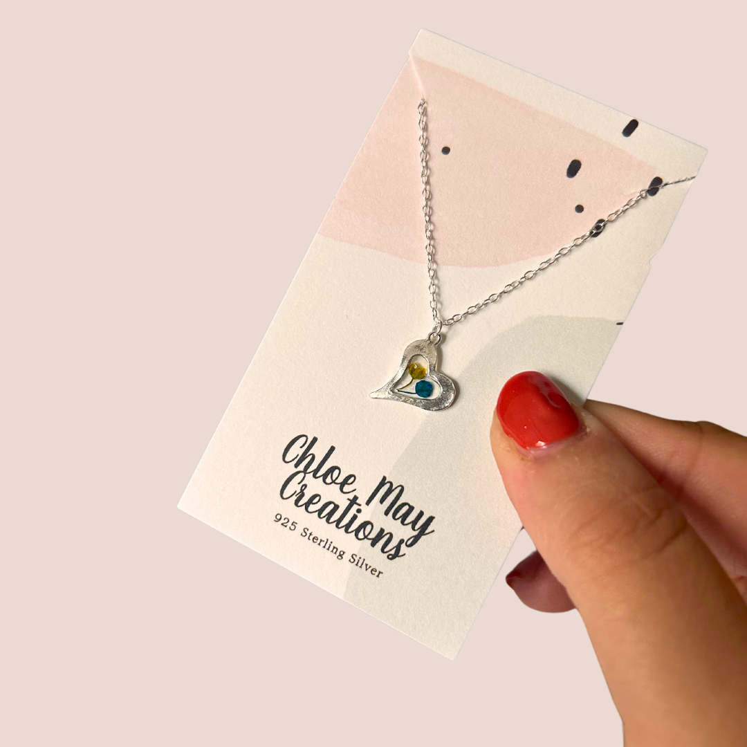 Dainty Blue & Yellow Flower Hammered Heart Necklace