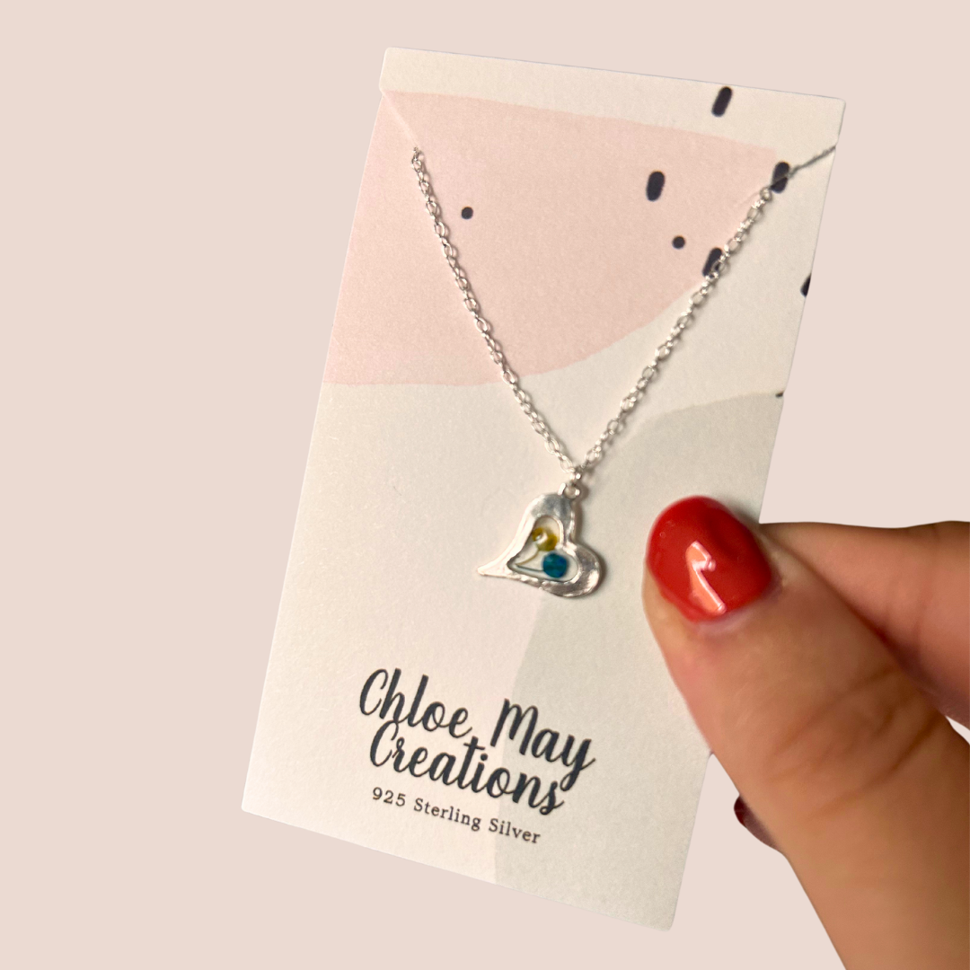 Dainty Blue & Yellow Flower Hammered Heart Necklace