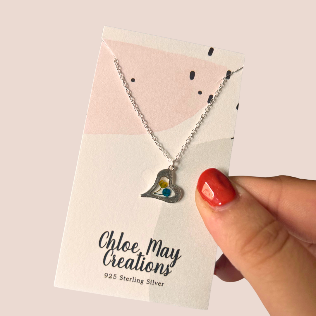 Dainty Blue & Yellow Flower Hammered Heart Necklace