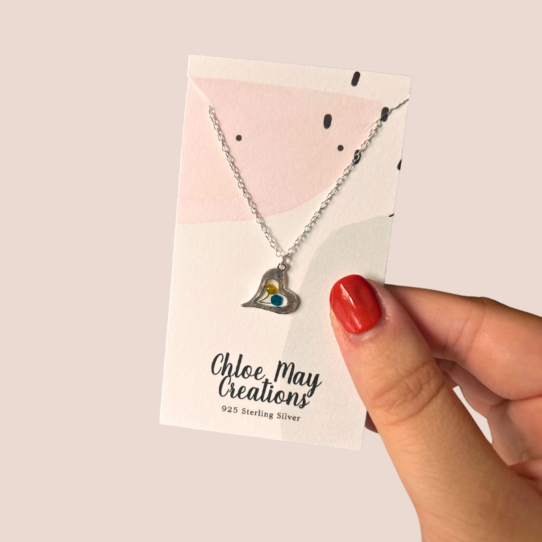 Dainty Blue & Yellow Flower Hammered Heart Necklace