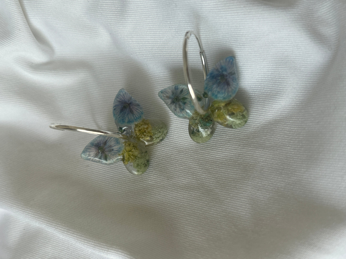 Blue and Green Gypsophila Butterfly Hoop Earrings