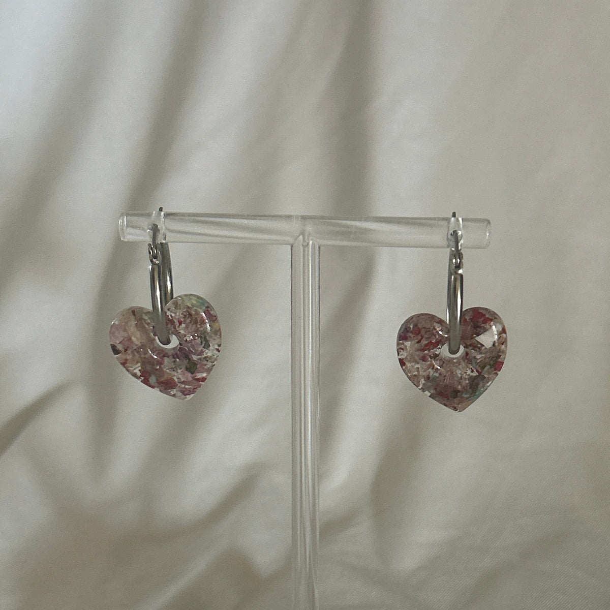 Crushed Rose and Lily Flower Heart Hoop Earrings