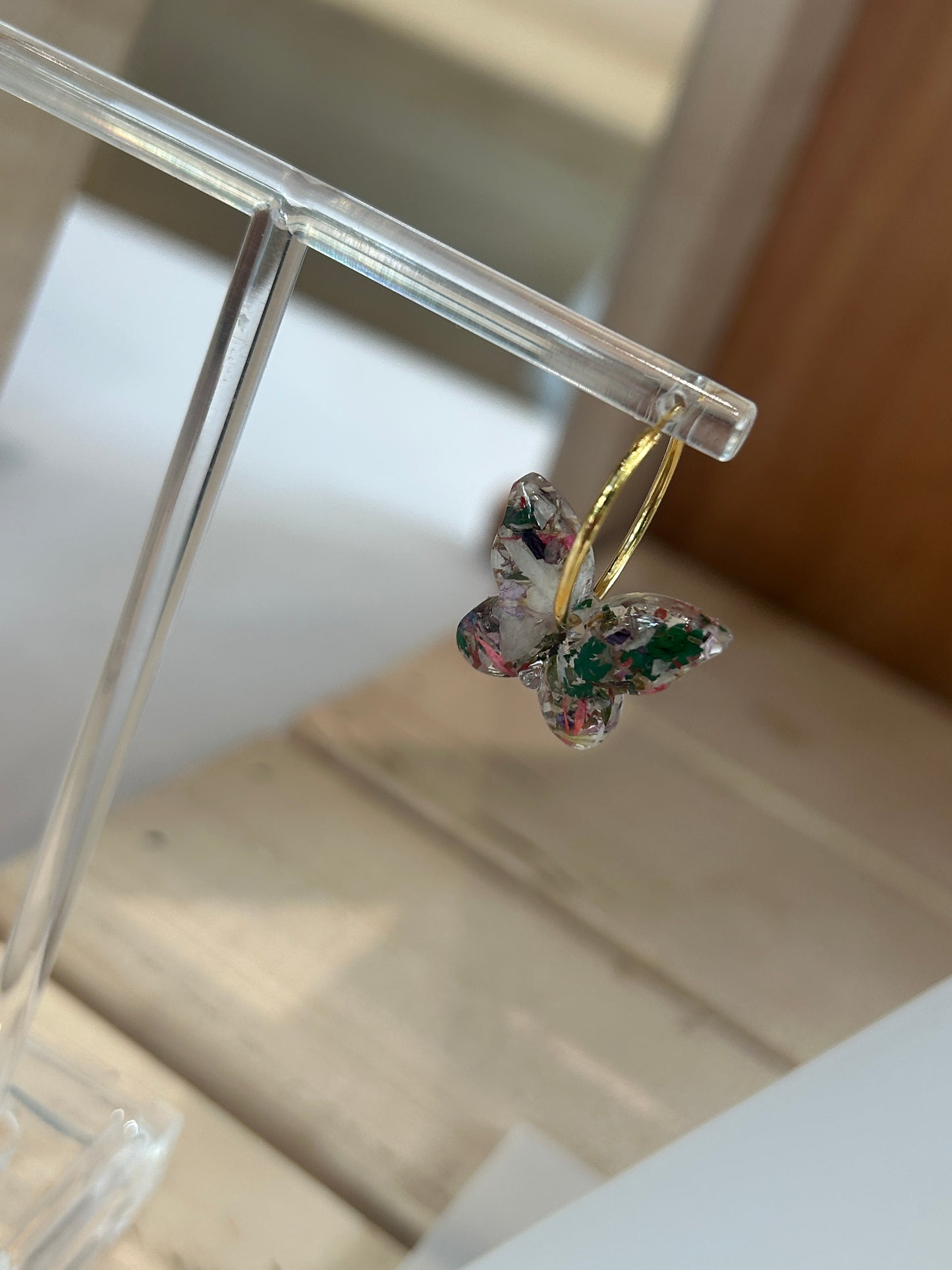Crushed Rose and Lily Butterfly Gold Hoop Earrings