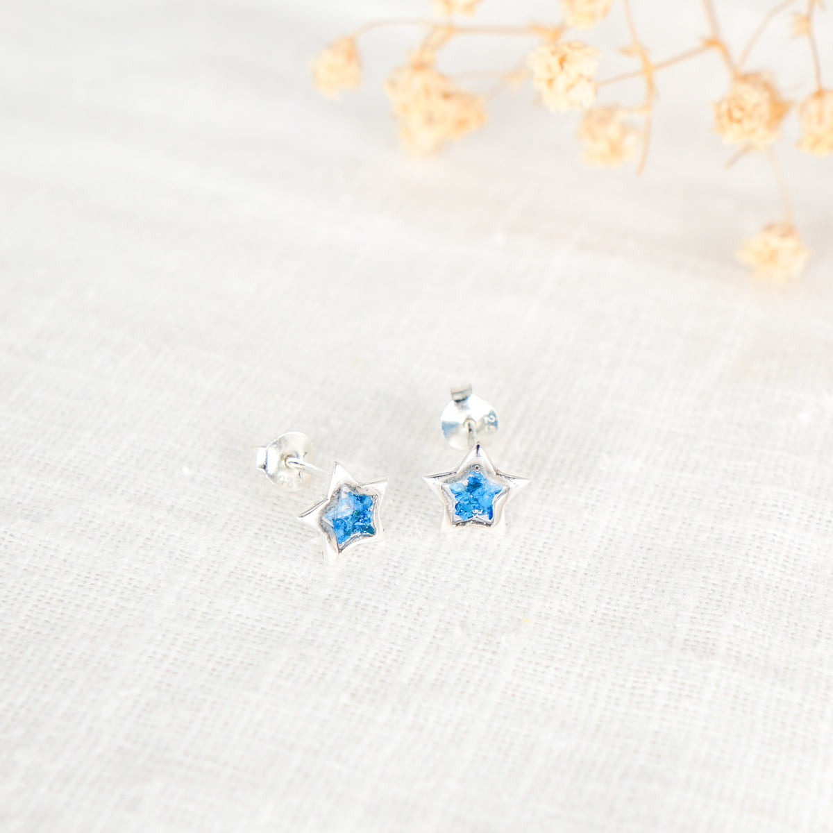 Crushed Blue Flower Star Stud Earrings Sterling Silver
