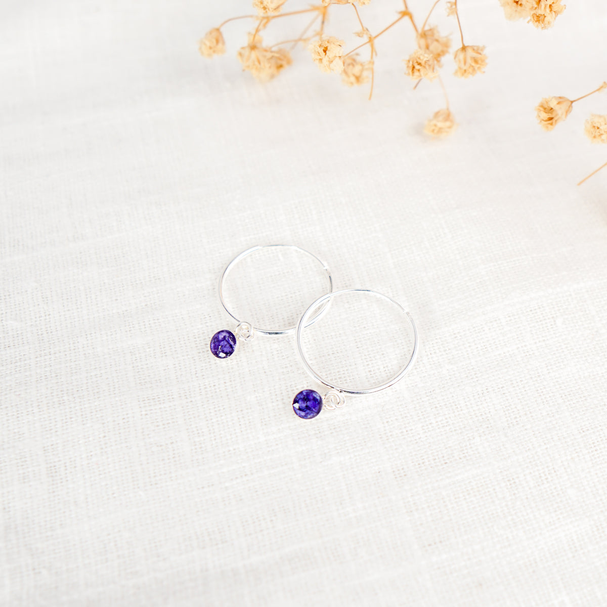 Crushed Violet Dainty Circle Hoop Earrings February Birth Flower