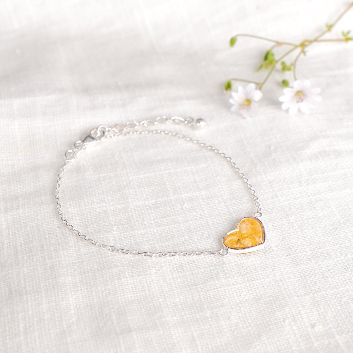 Crushed Daffodil Heart Bracelet - March Birth Flower