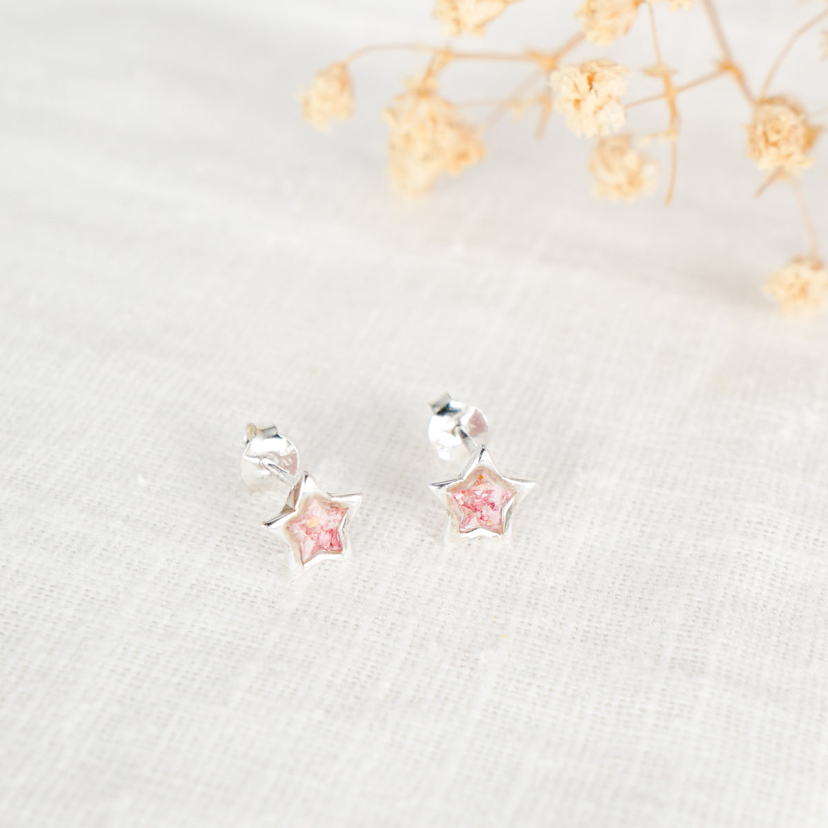 Crushed Pink Flower Star Stud Earrings Sterling Silver