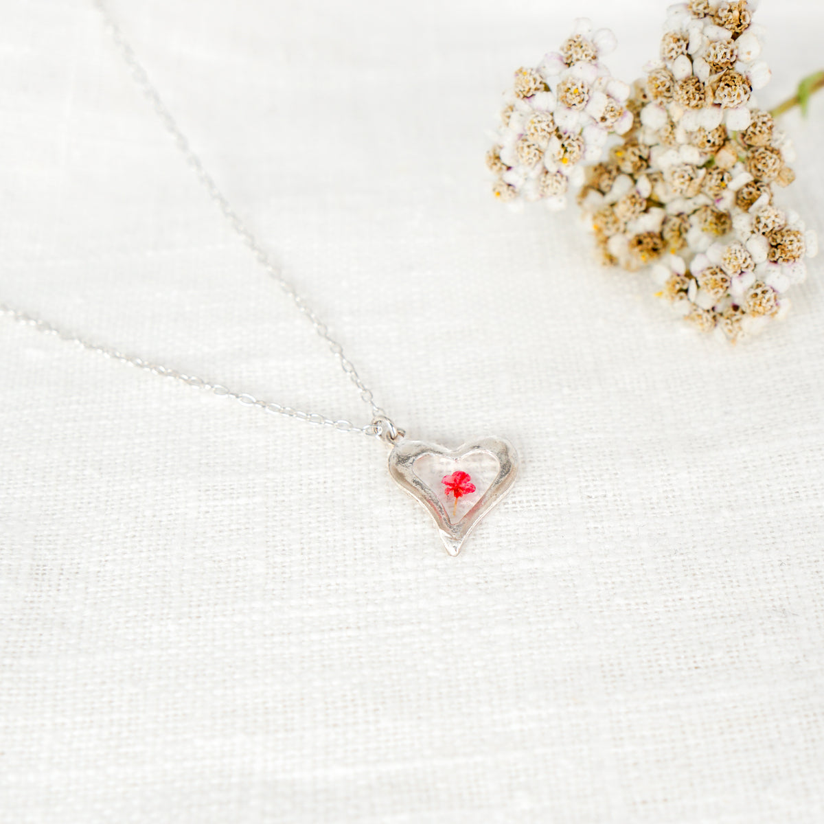 Pink Cow Parsley Hammered Heart Pendant Necklace
