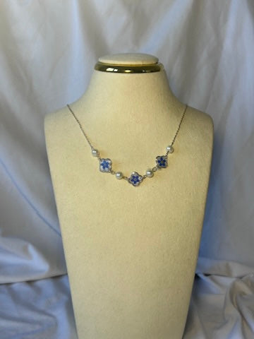 Forget me not clover and pearl necklace & earring set