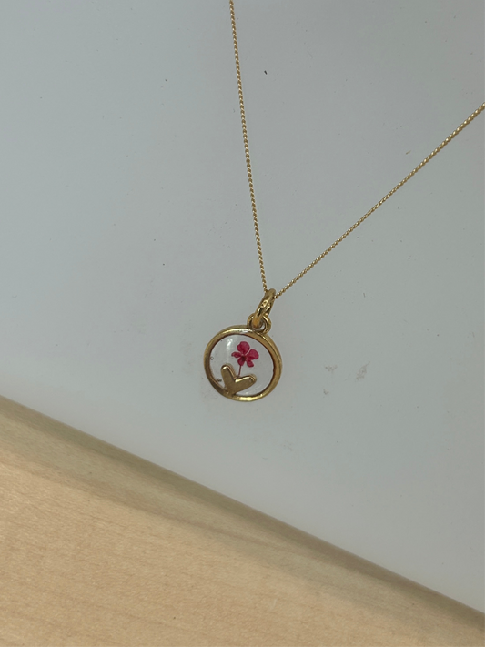 Red Flower Heart in Circle Gold Necklace
