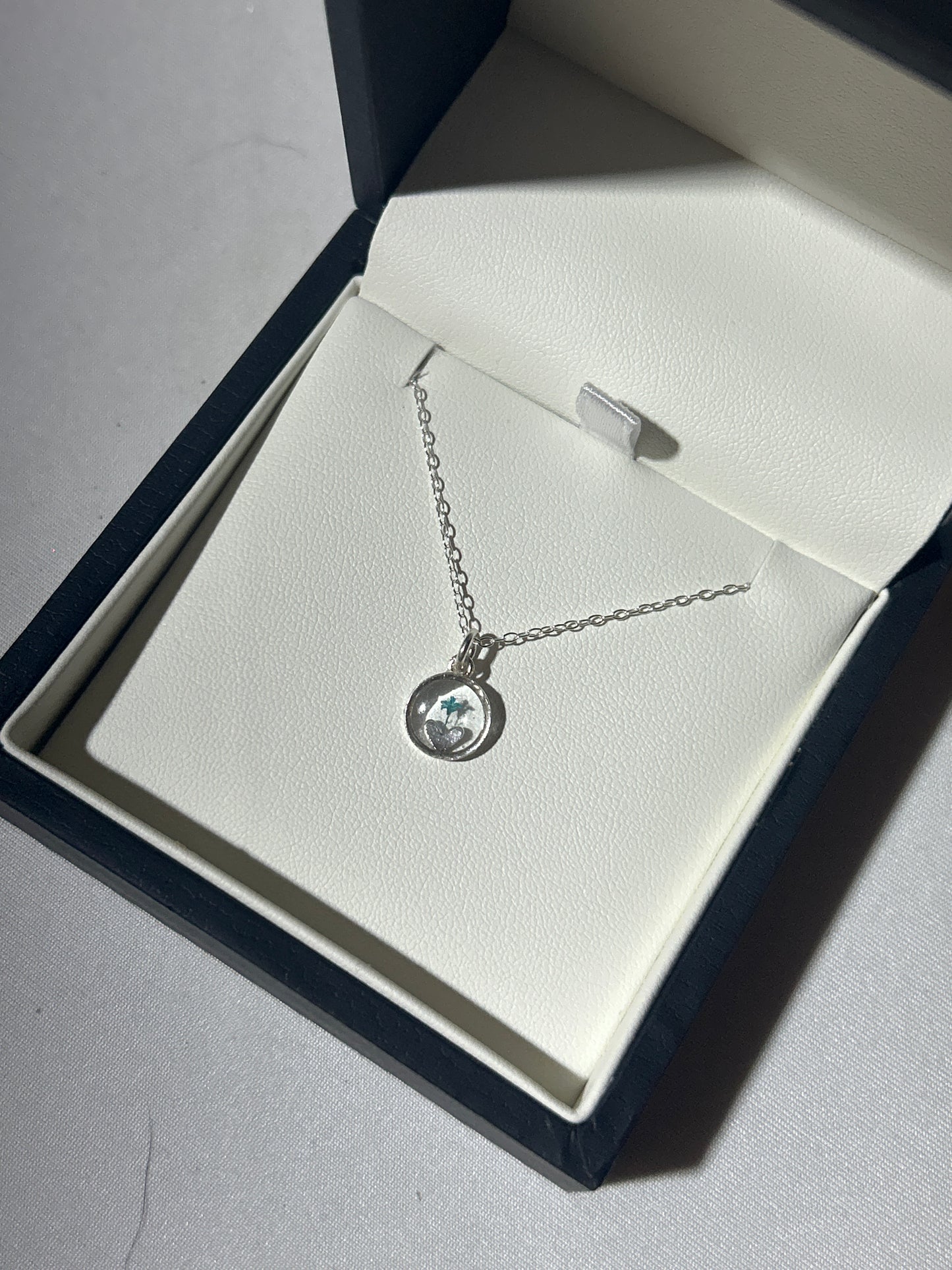 Blue Cow Parsley Heart in Circle Necklace