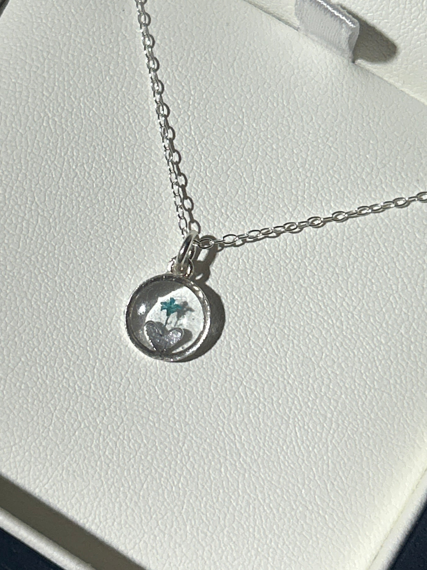 Blue Cow Parsley Heart in Circle Necklace