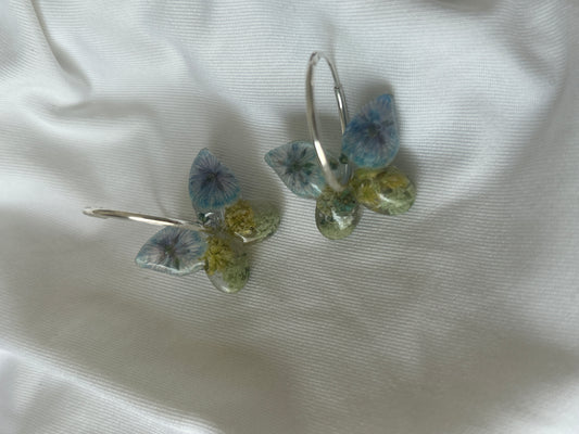Blue and Green Gypsophila Butterfly Hoop Earrings