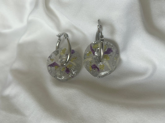 Purple and green flowers with silver sparkles circle Hoop Earrings