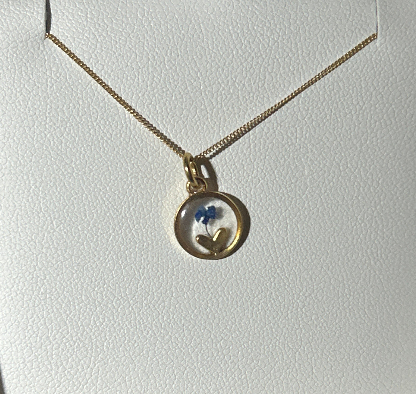 Blue Flower Heart in Circle Gold Necklace