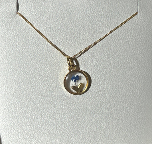 Blue Flower Heart in Circle Gold Necklace