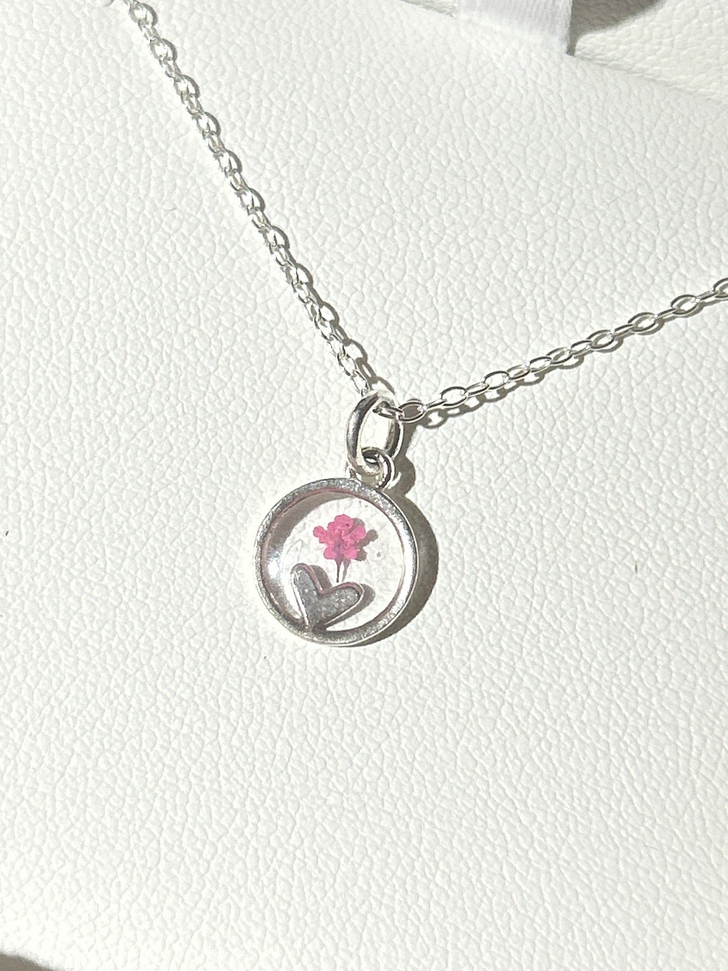 Pink Cow Parsley Heart in Circle Necklace