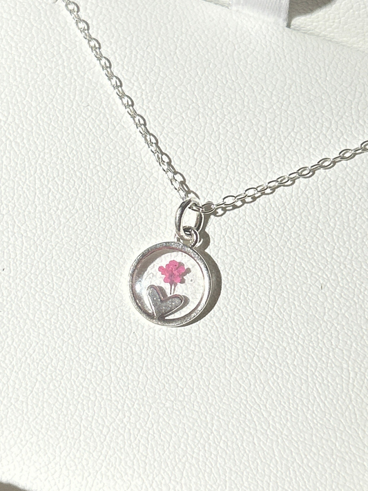 Pink Cow Parsley Heart in Circle Necklace