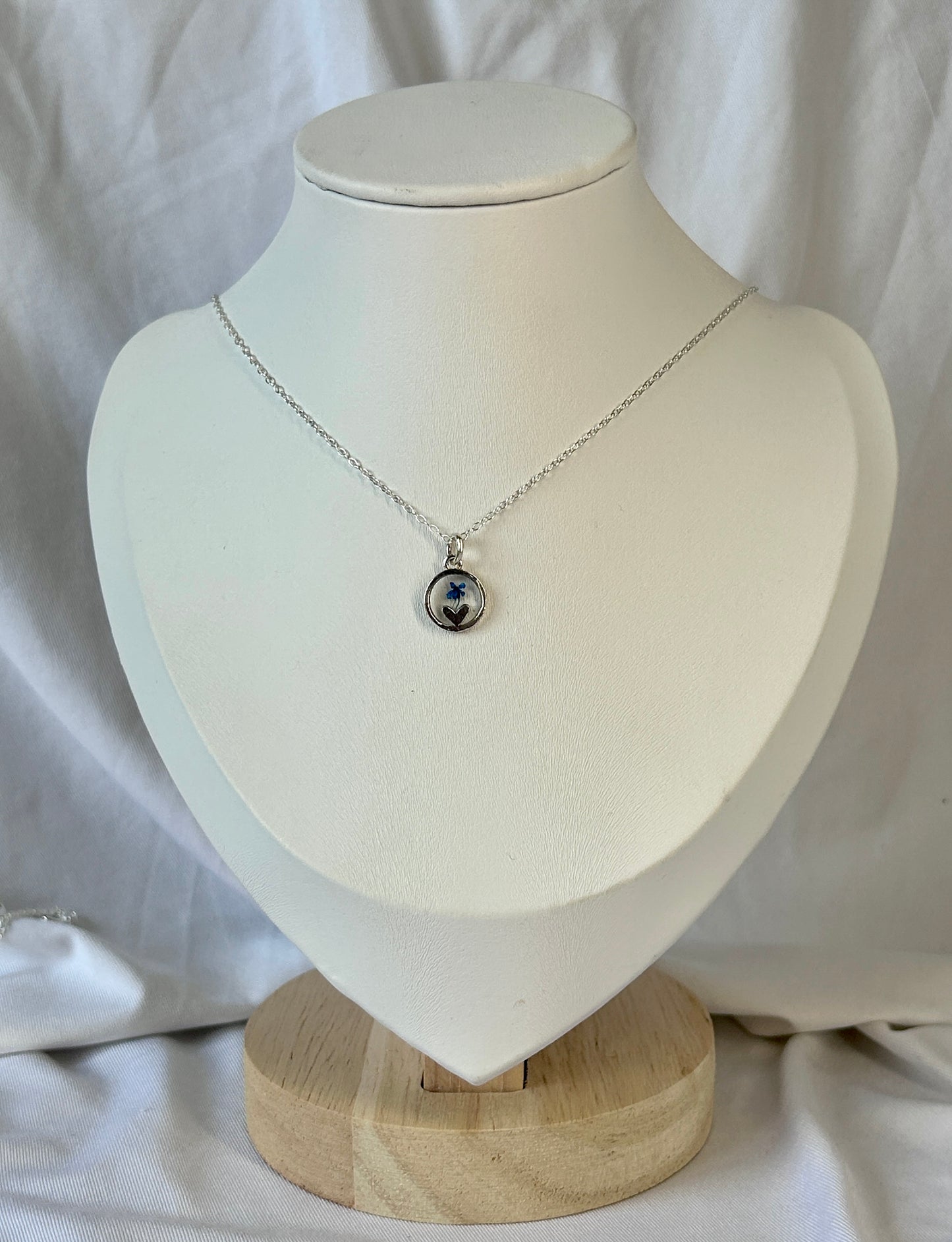 Blue Cow Parsley Heart in Circle Necklace
