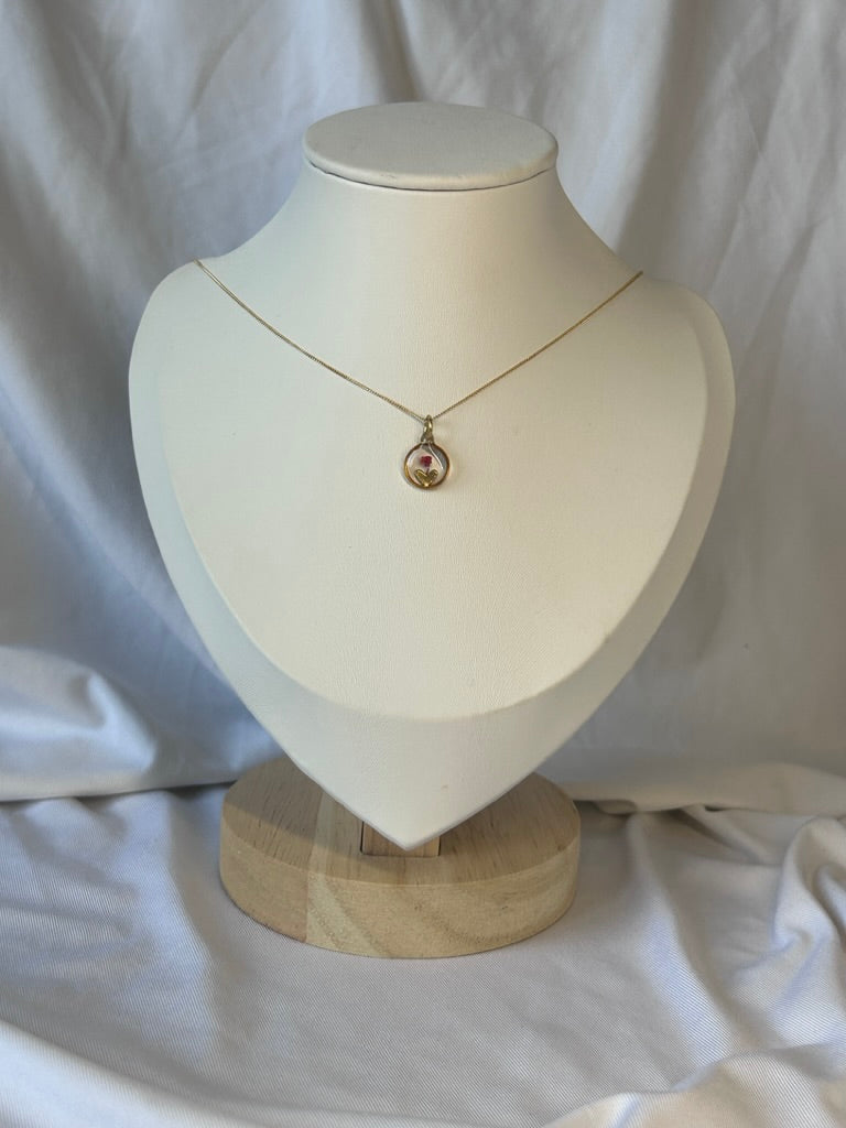 Red Flower Heart in Circle Gold Necklace