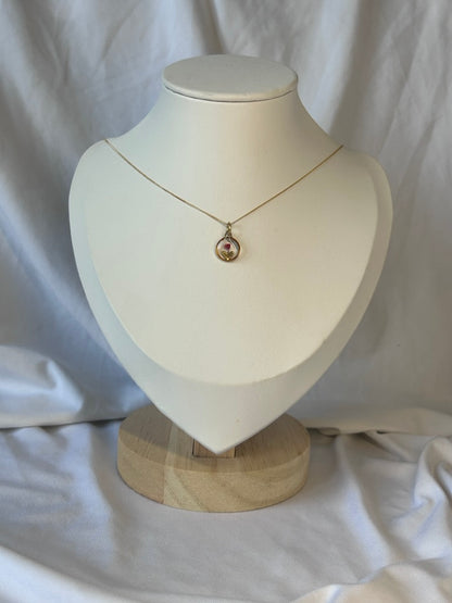Red Flower Heart in Circle Gold Necklace