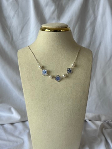 Forget me not clover and pearl necklace & earring set