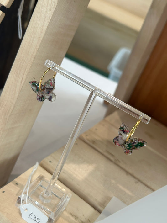 Crushed Rose and Lily Butterfly Gold Hoop Earrings
