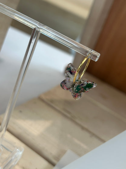 Crushed Rose and Lily Butterfly Gold Hoop Earrings