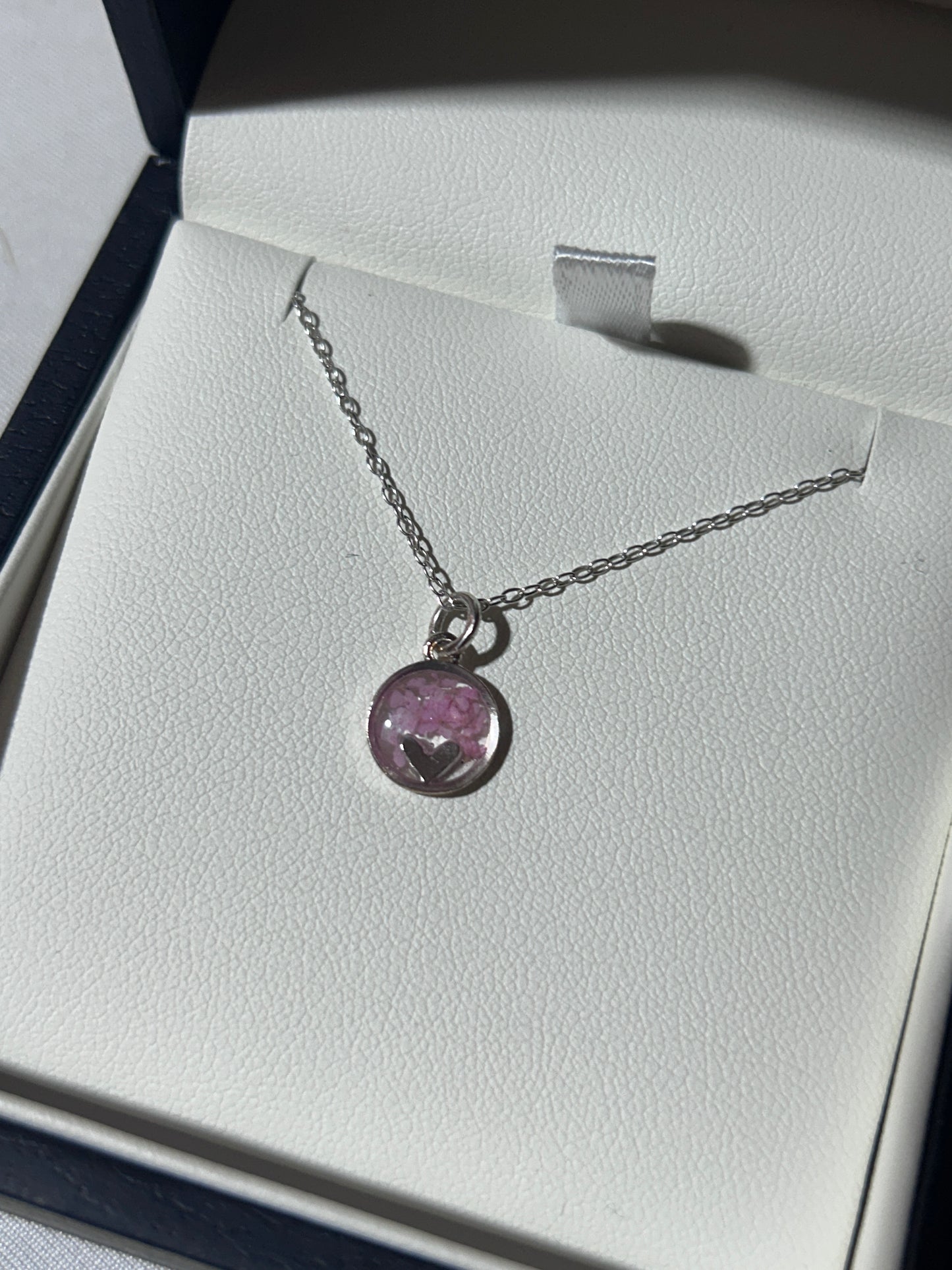 Pink Cow Parsley Petals Heart in Circle Necklace