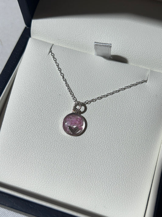 Pink Cow Parsley Petals Heart in Circle Necklace