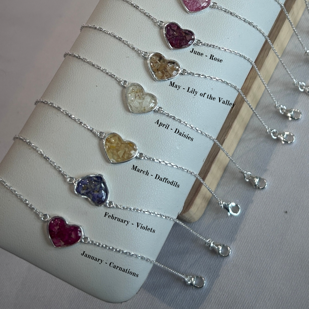 Birth Flower Heart Bracelet | Personalised Real Crushed Flower Jewellery