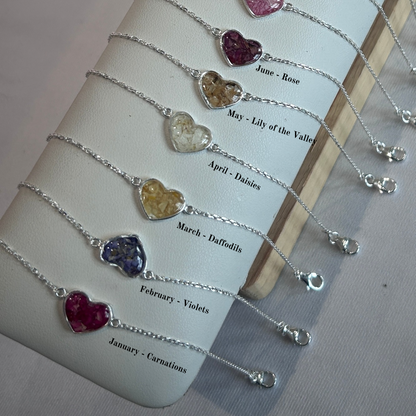 Birth Flower Heart Bracelet | Personalised Real Crushed Flower Jewellery