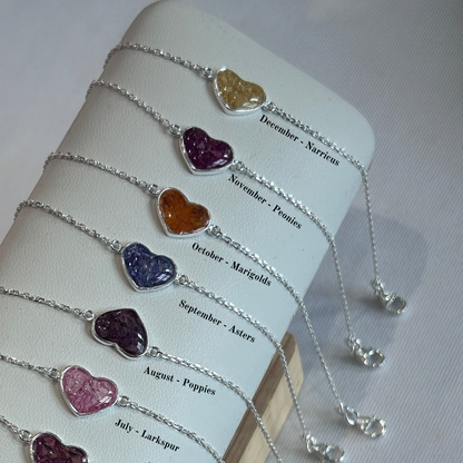 Birth Flower Heart Bracelet | Personalised Real Crushed Flower Jewellery