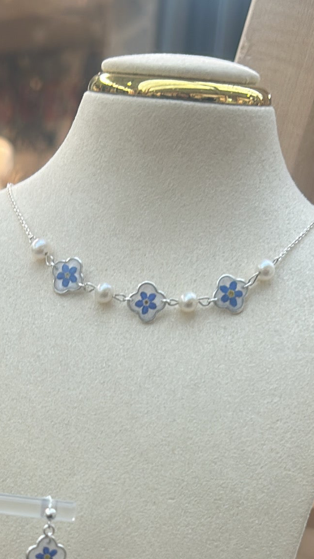 Forget me not clover and pearl necklace & earring set
