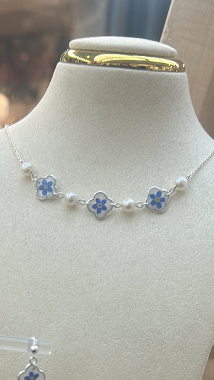 Forget me not clover and pearl necklace & earring set