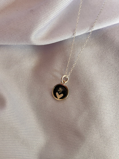 Black Cow Parsley Heart in Circle Necklace