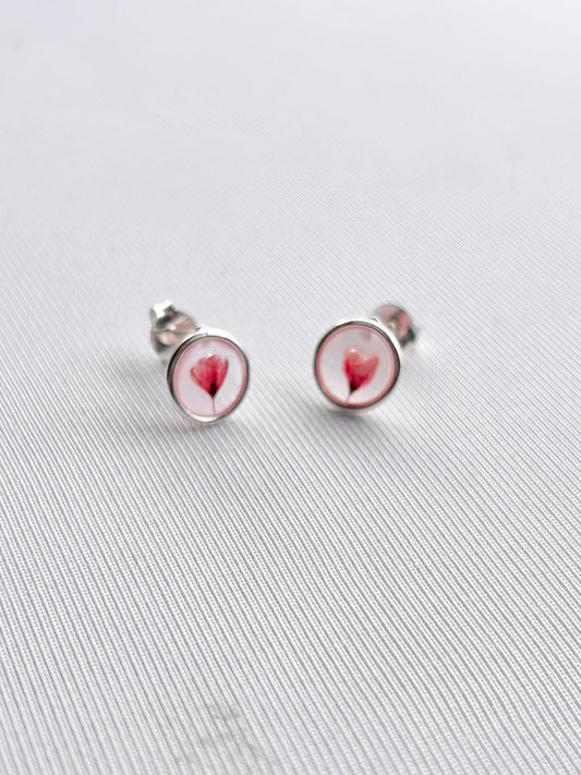 Real Cherry Blossom Pearlescent Circle Stud Earrings