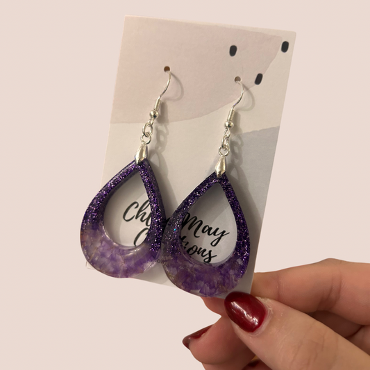 Purple Glitz Statice Teardrop Dangle Earrings