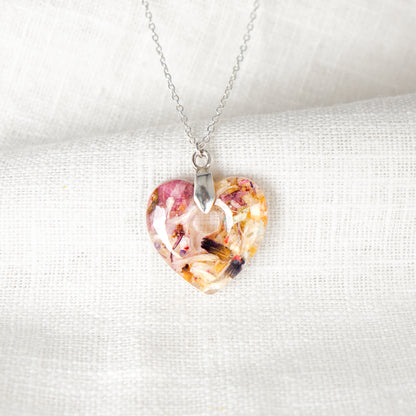 Crushed Rose and Lily Petal Heart Pendant Necklace