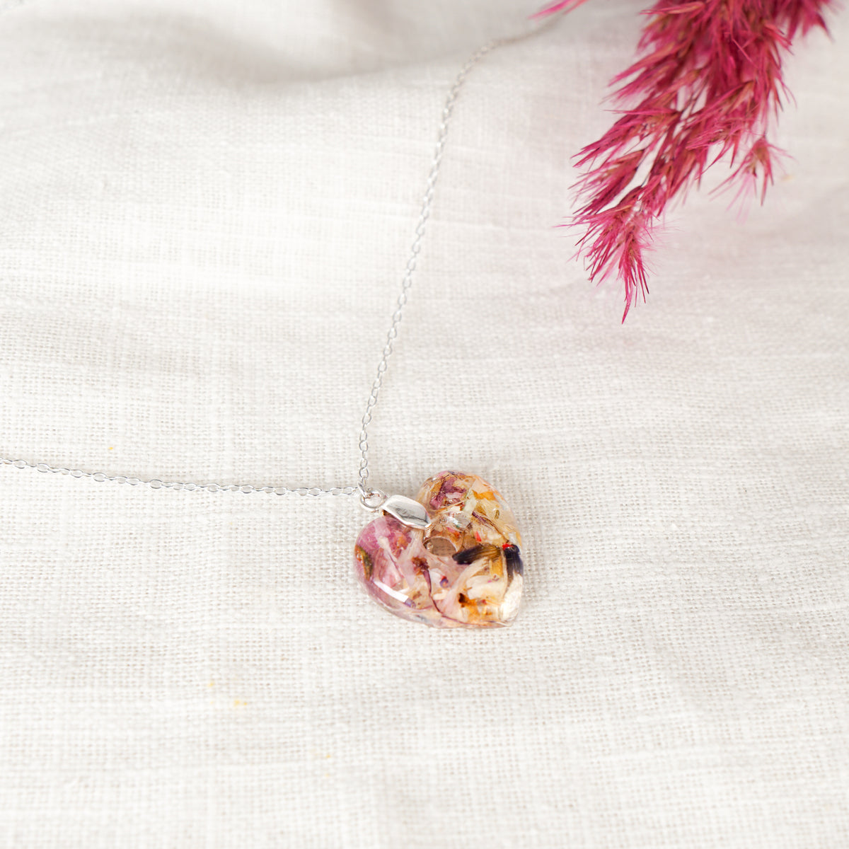 Crushed Rose and Lily Petal Heart Pendant Necklace