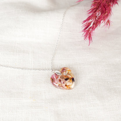 Crushed Rose and Lily Petal Heart Pendant Necklace