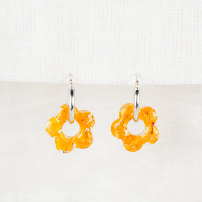 Crushed Sunflower Charms Hoop Earrings Sterling Silver