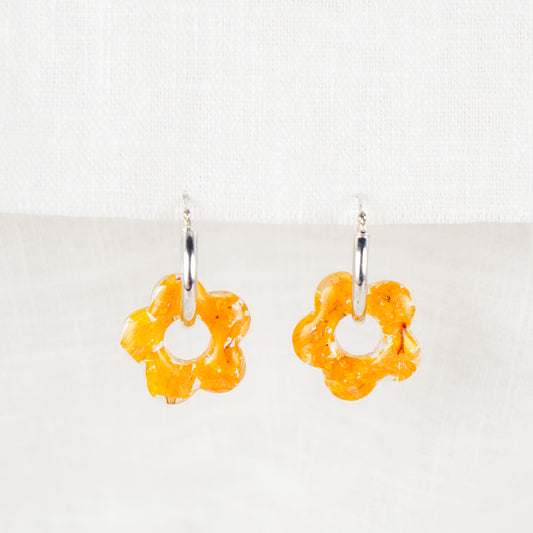 Crushed Sunflower Charms Hoop Earrings Sterling Silver