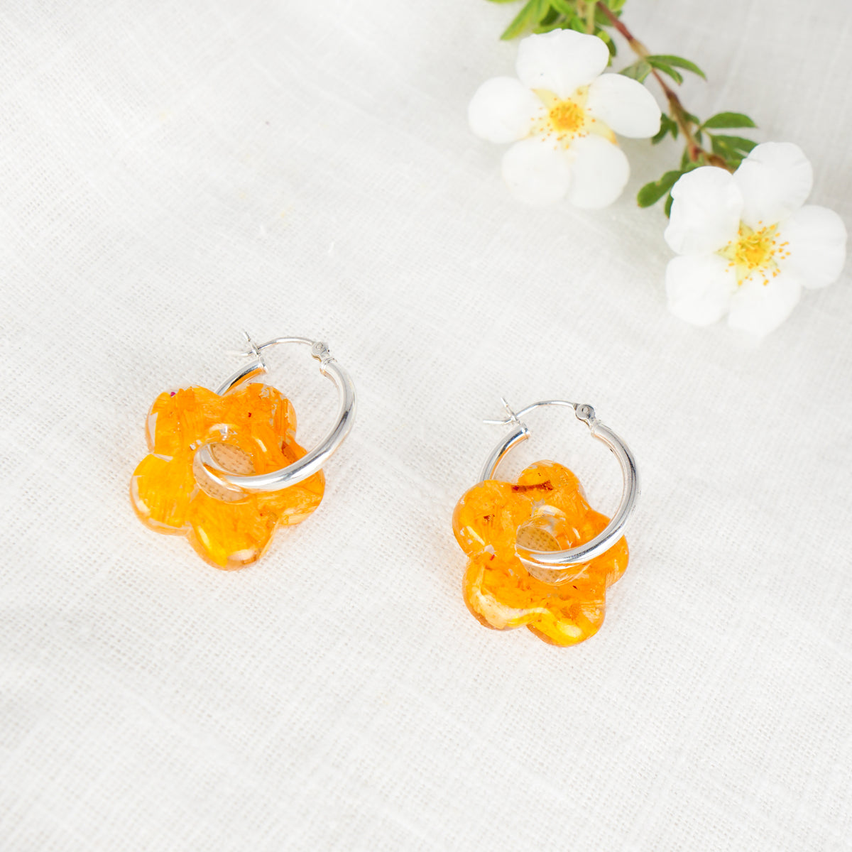 Crushed Sunflower Charms Hoop Earrings Sterling Silver