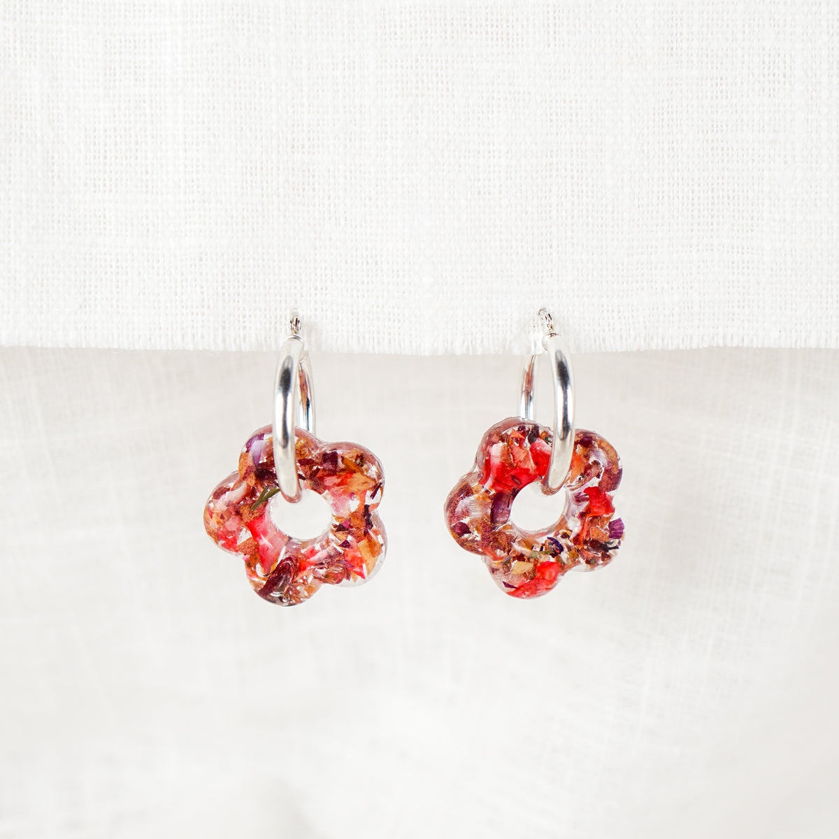 Crushed Rose and Lily Flower Hoop Earrings