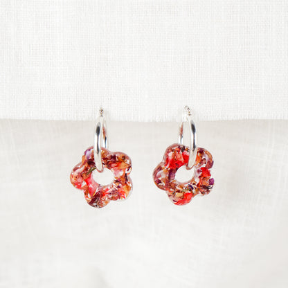 Crushed Rose and Lily Flower Hoop Earrings