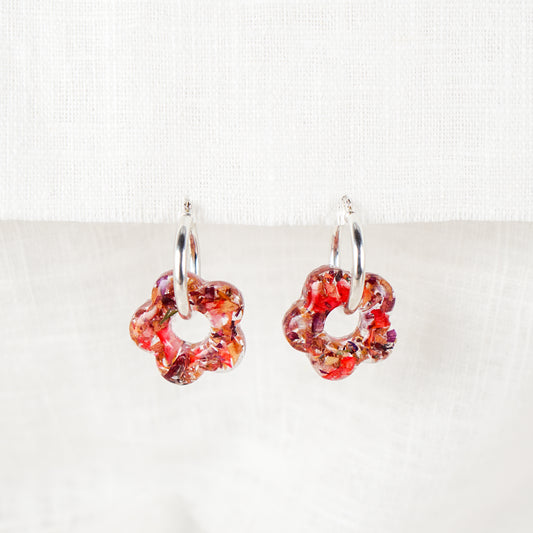 Crushed Rose and Lily Flower Hoop Earrings