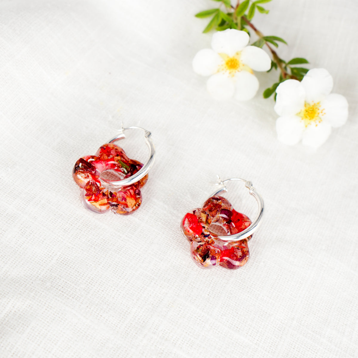 Crushed Rose and Lily Flower Hoop Earrings